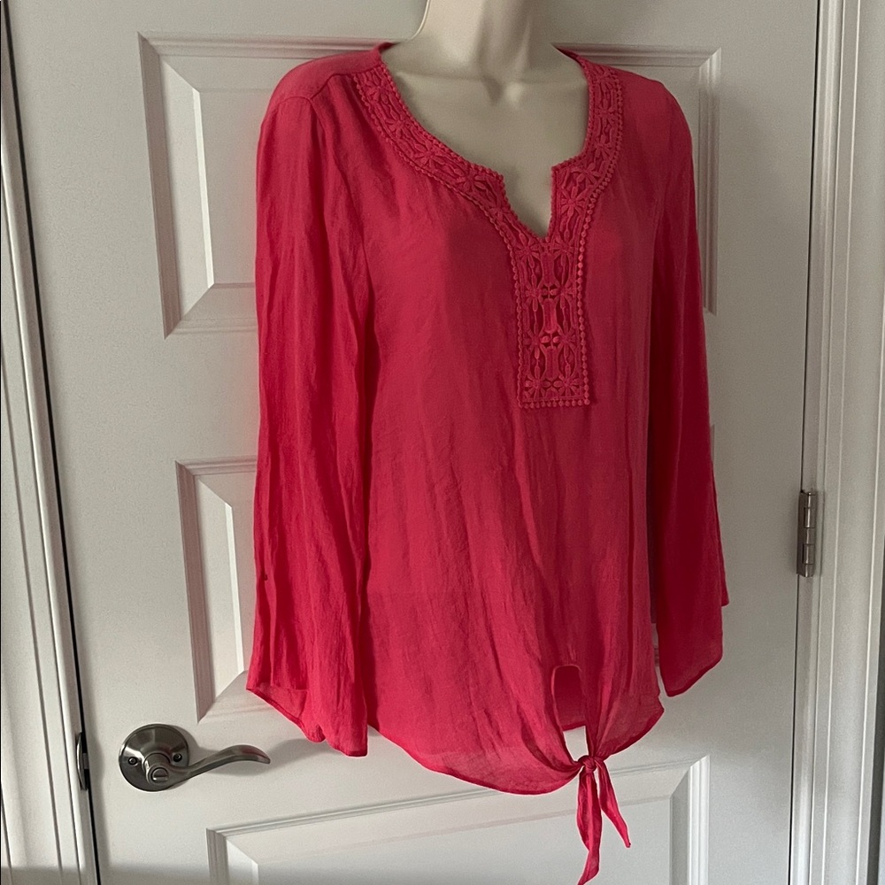 Zac & Rachel Crochet-Trim Tie-Front Blouse - Coral Pink